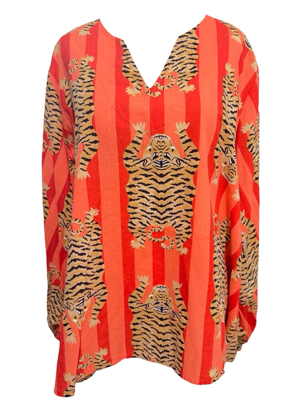ESTELA Jokhang Tiger Velvet Print Orange Cotton Blouse Top Size Large